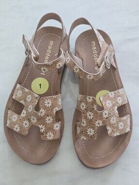 Madden Girl Floral Cork Flat Sandals Size 1 Tan White Daisy Ankle Strap Boho